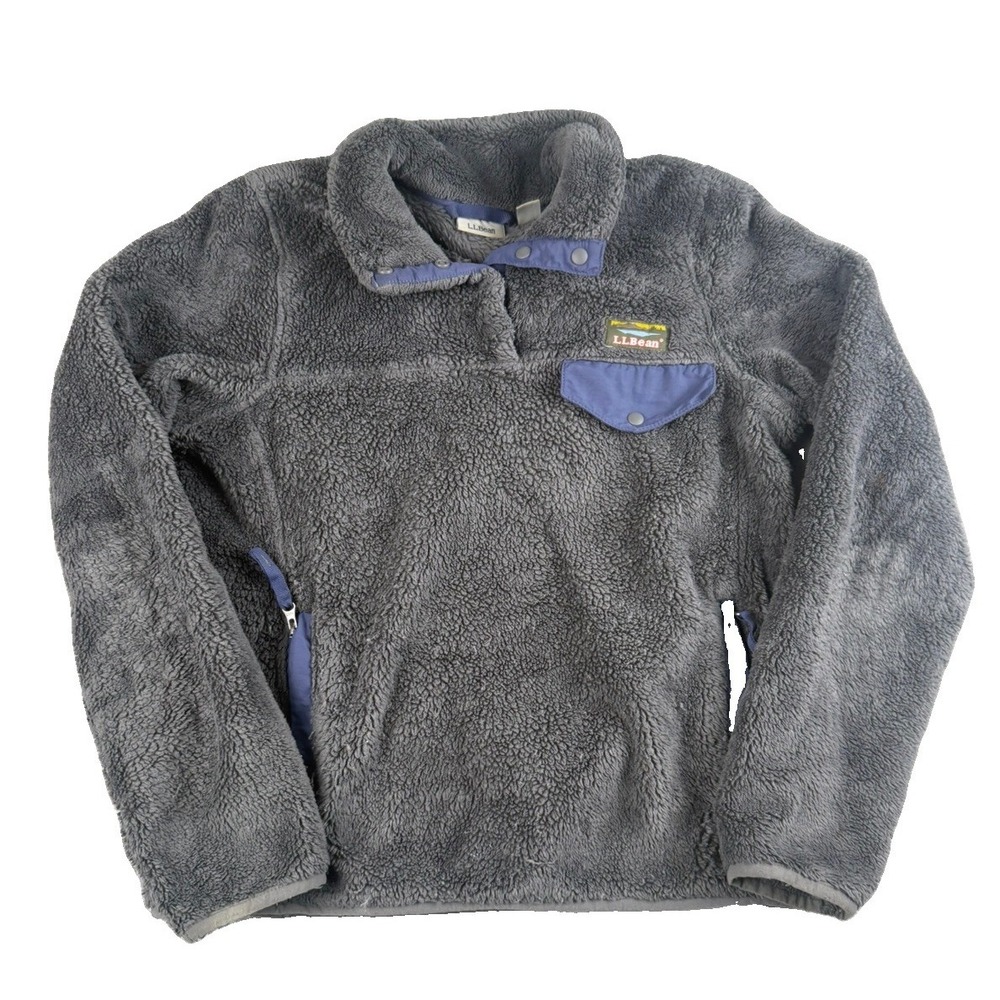 LL Bean Womens XS Petite Fleece Pullover Gray Snap Neck Sherpa Blue Outdoor